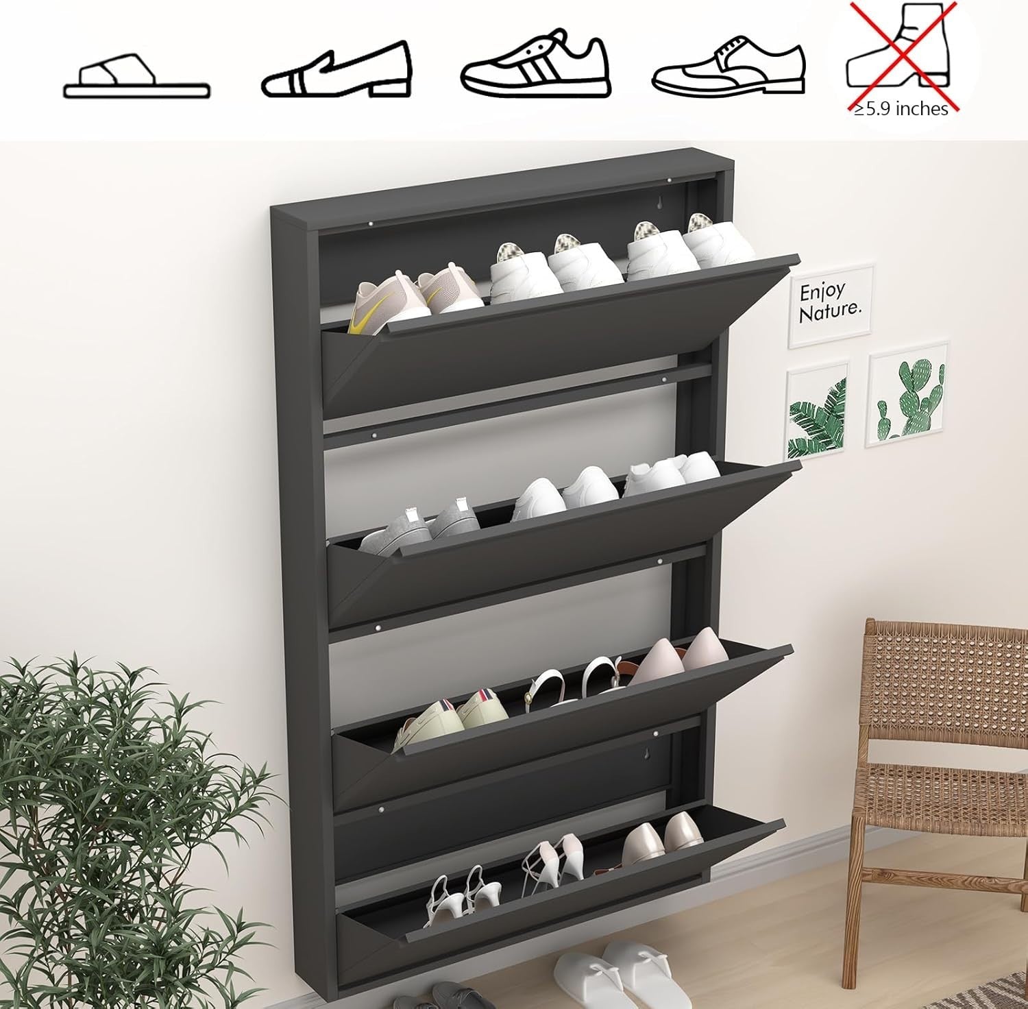 Wall Mounted Narrow Metal Shoe Cabinet 4 Flip Drawers Space Saver