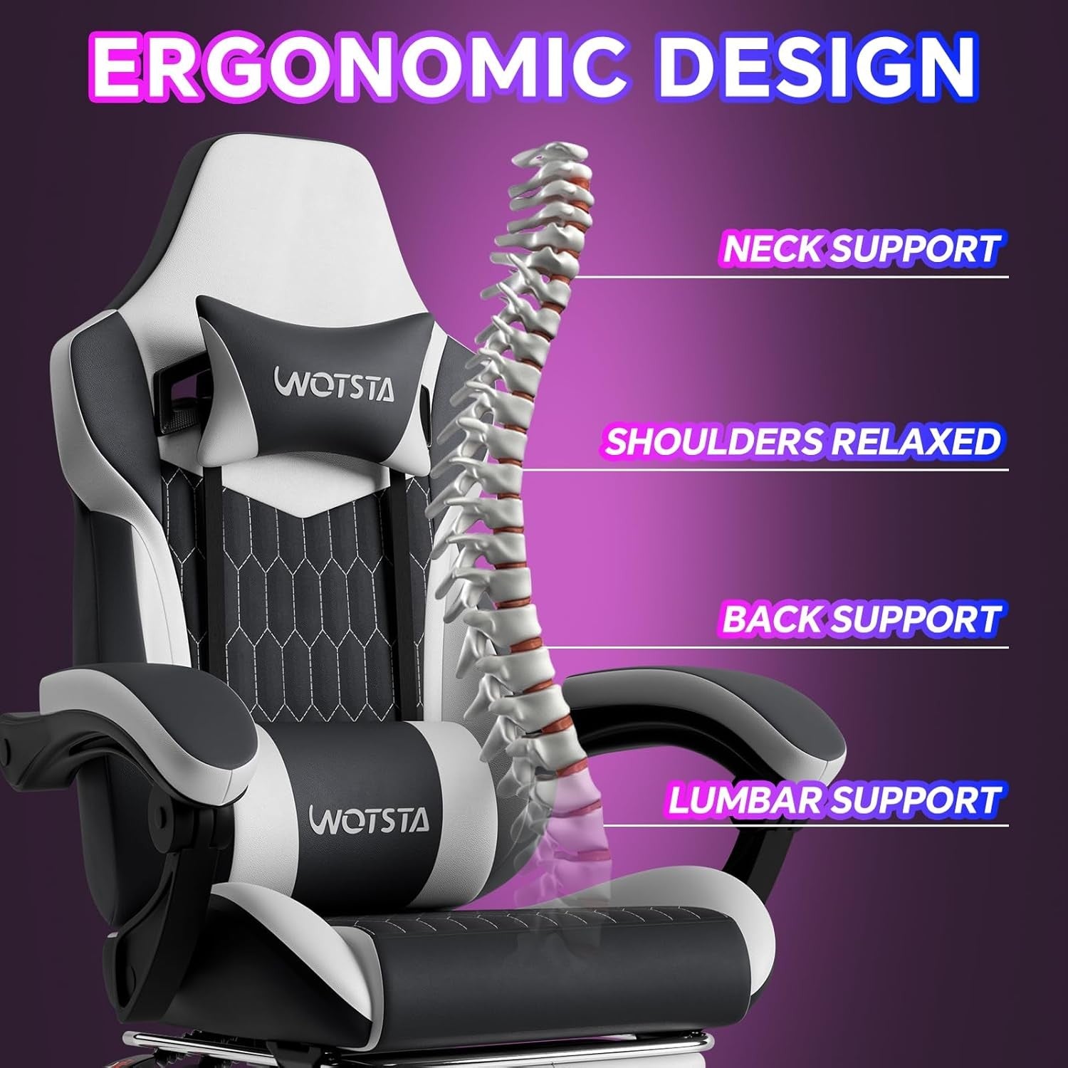 Ergonomic Gaming Chair w/ Footrest & Lumbar Support Black White