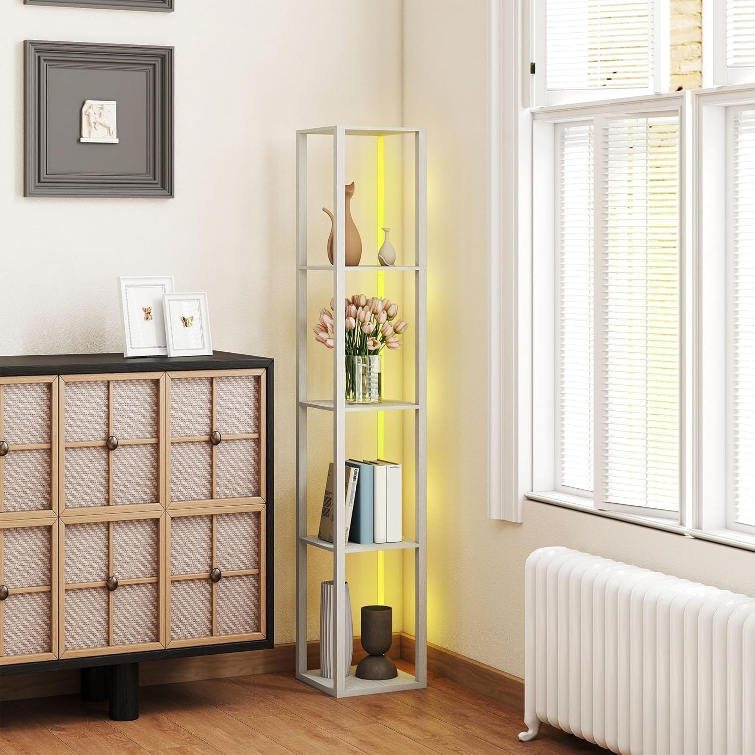 RGB LED Floor Lamp with Shelves Dimmable Remote Control Corner Light