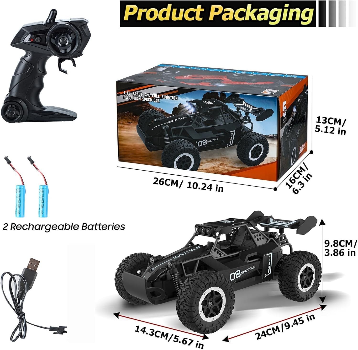 High-Speed 2WD RC Car for Kids with LED Lights & 2 Batteries – Black