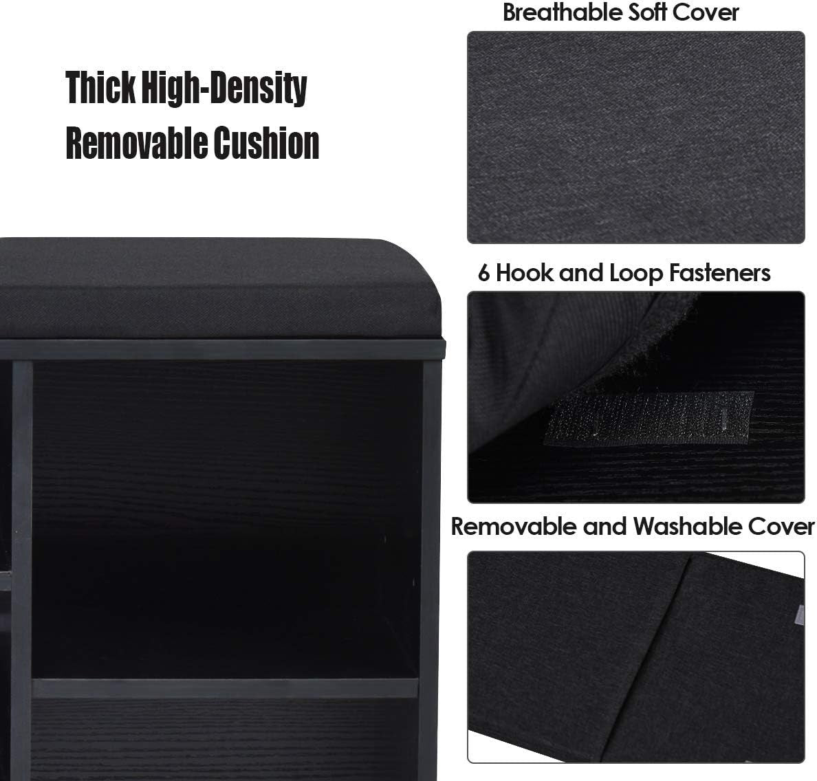 Black Shoe Bench with Cushion 10-Compartment Storage Rack Adjustable Shelves