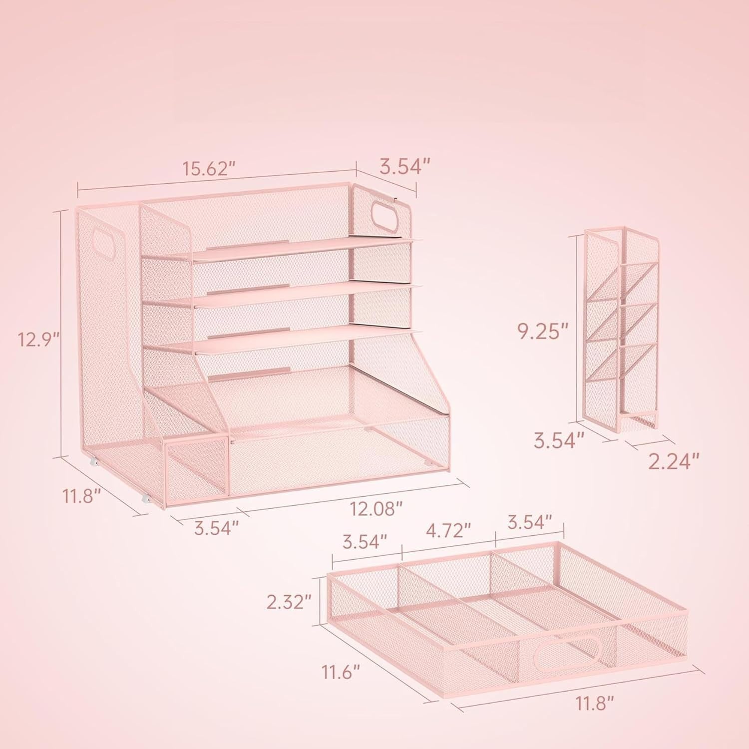5-Tier Mesh Desk Organiser with File Holder, Pen & Drawer – Pink