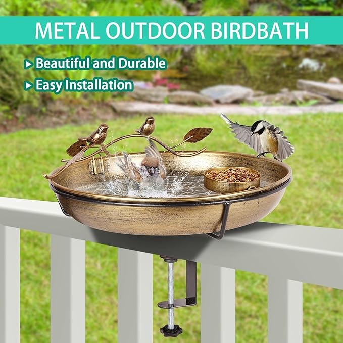 Metal Deck Mounted Bird Bath – Rustproof Outdoor Feeder Bowl with Clamp Stand