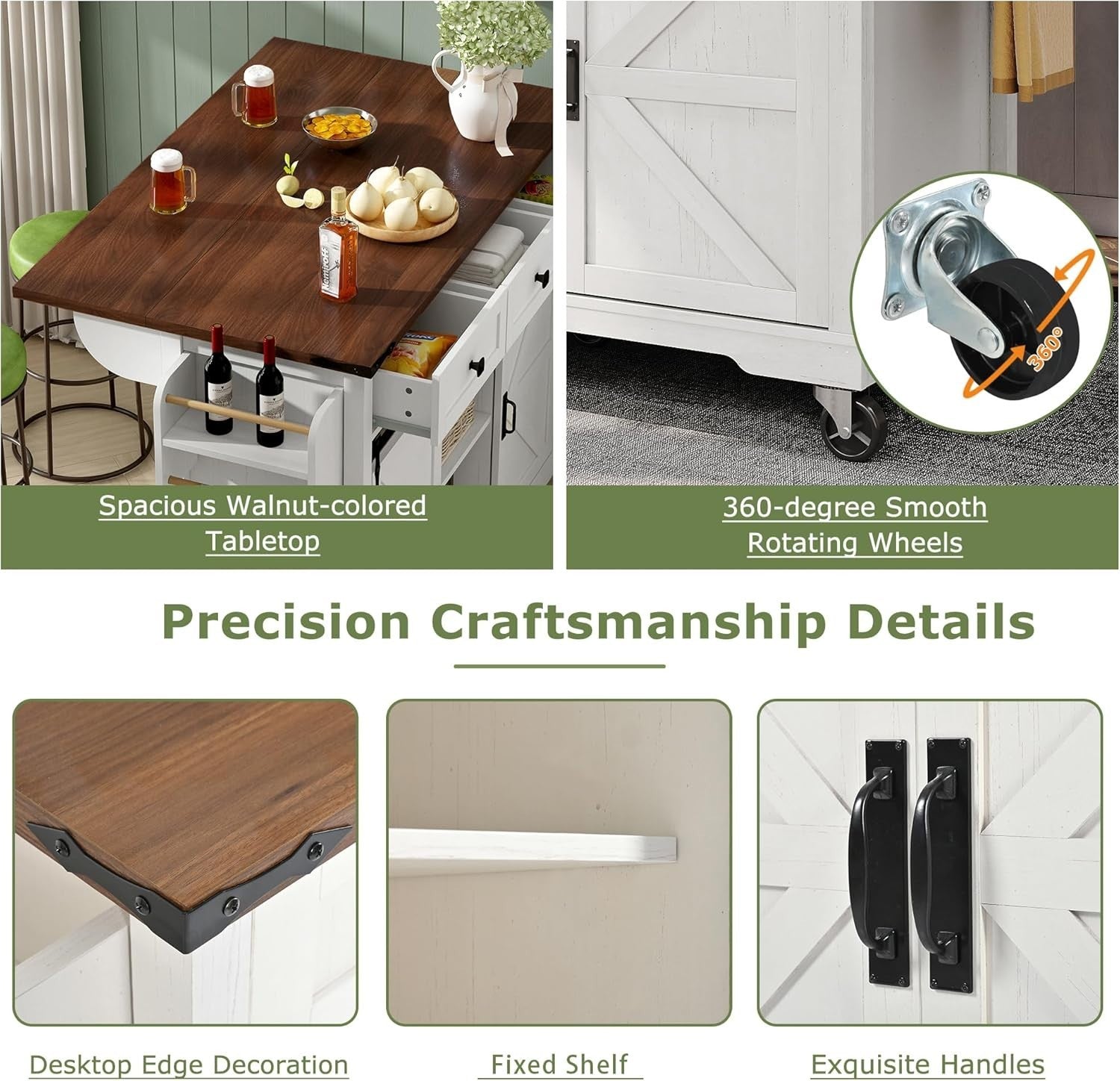 White Kitchen Island Cart with Extendable Walnut Top, Drawers & Sliding Cabinets