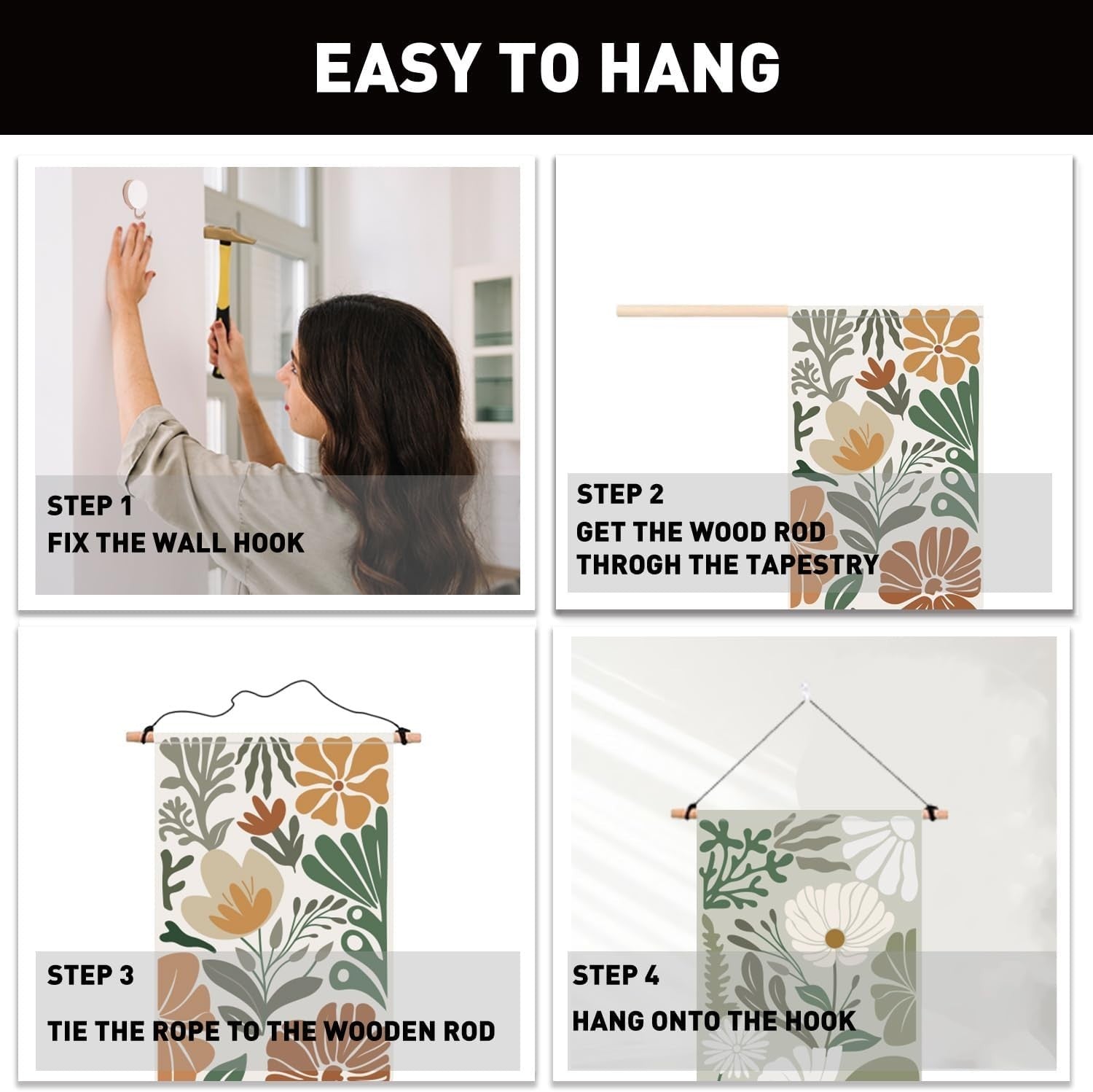 2-Pack Boho Floral Botanical Tapestry 52"x13" Vertical Wall Decor