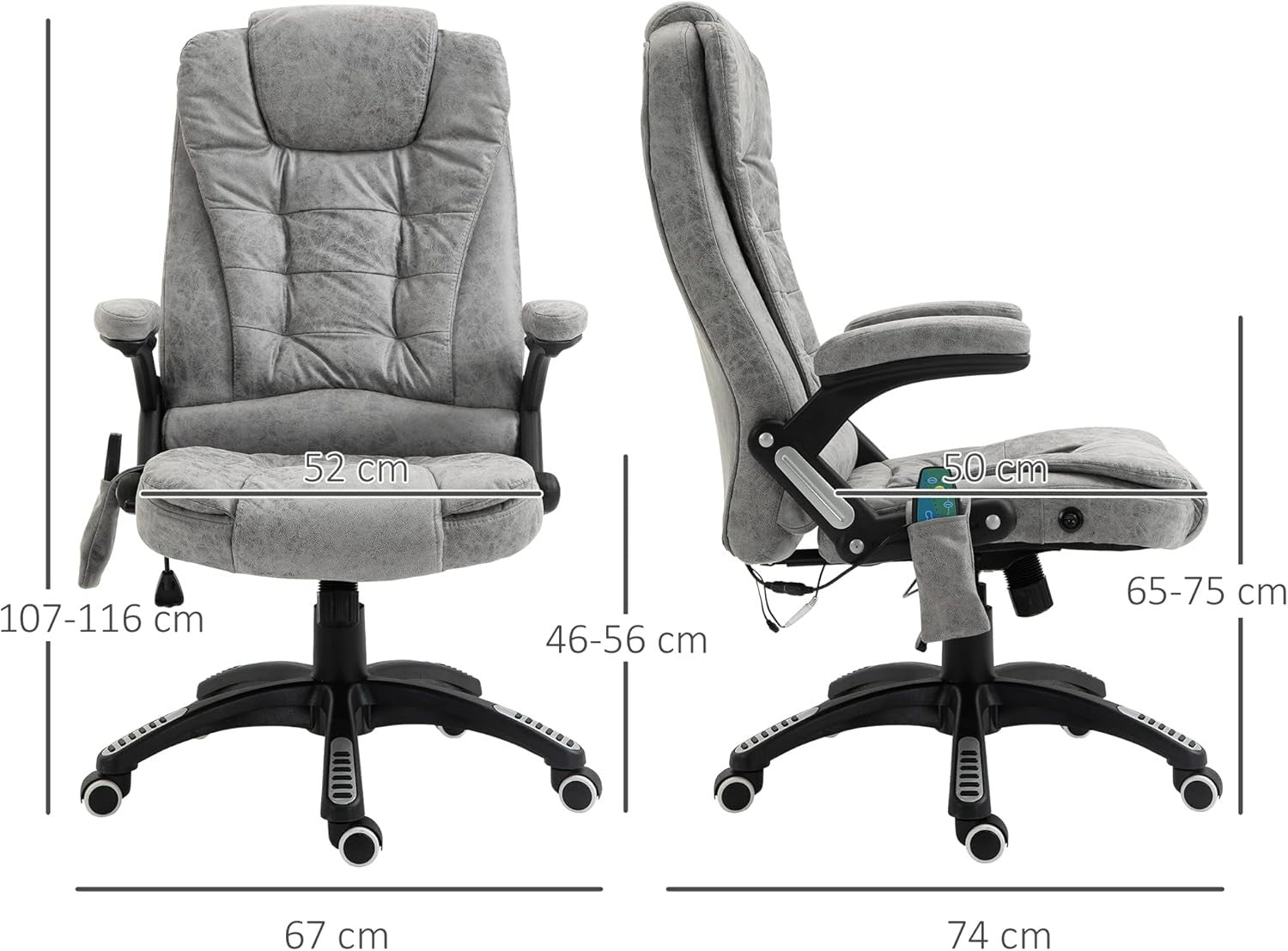 Heated Massage Office Chair 6 Point High Back Microfiber Grey