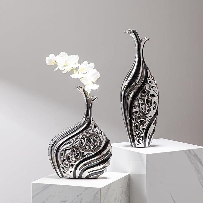 Tall Silver Black Floor Vase 38cm Modern Pampas Grass Luxury Decor