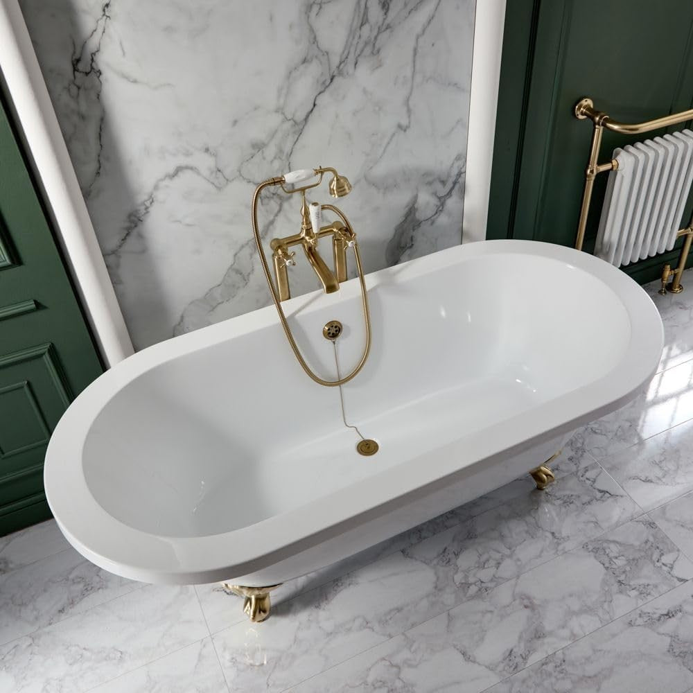 1780x825mm Freestanding Double Ended Roll Top Bath White Acrylic Brass Claw Feet
