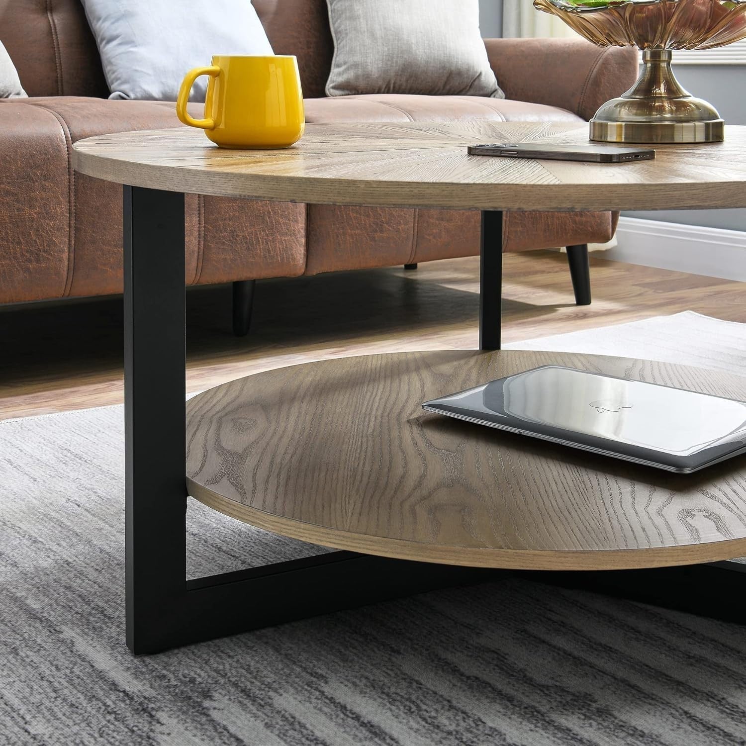 Round 2-Tier Coffee Table with Storage, Solid Wood & Metal 85x45.3cm