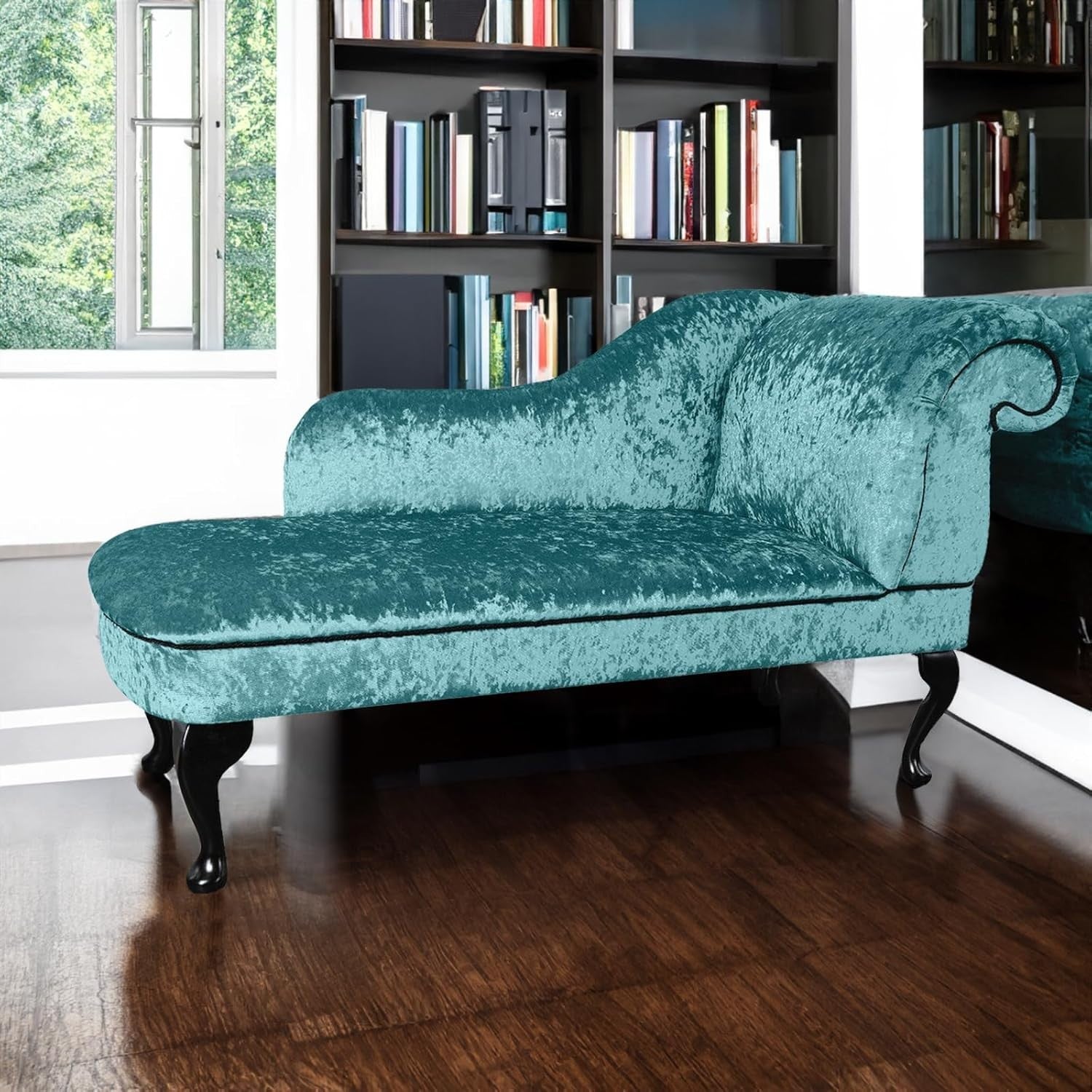 Luxury Left Hand Velvet Chaise Lounge Chair Aqua Blue with Queen Anne Legs.