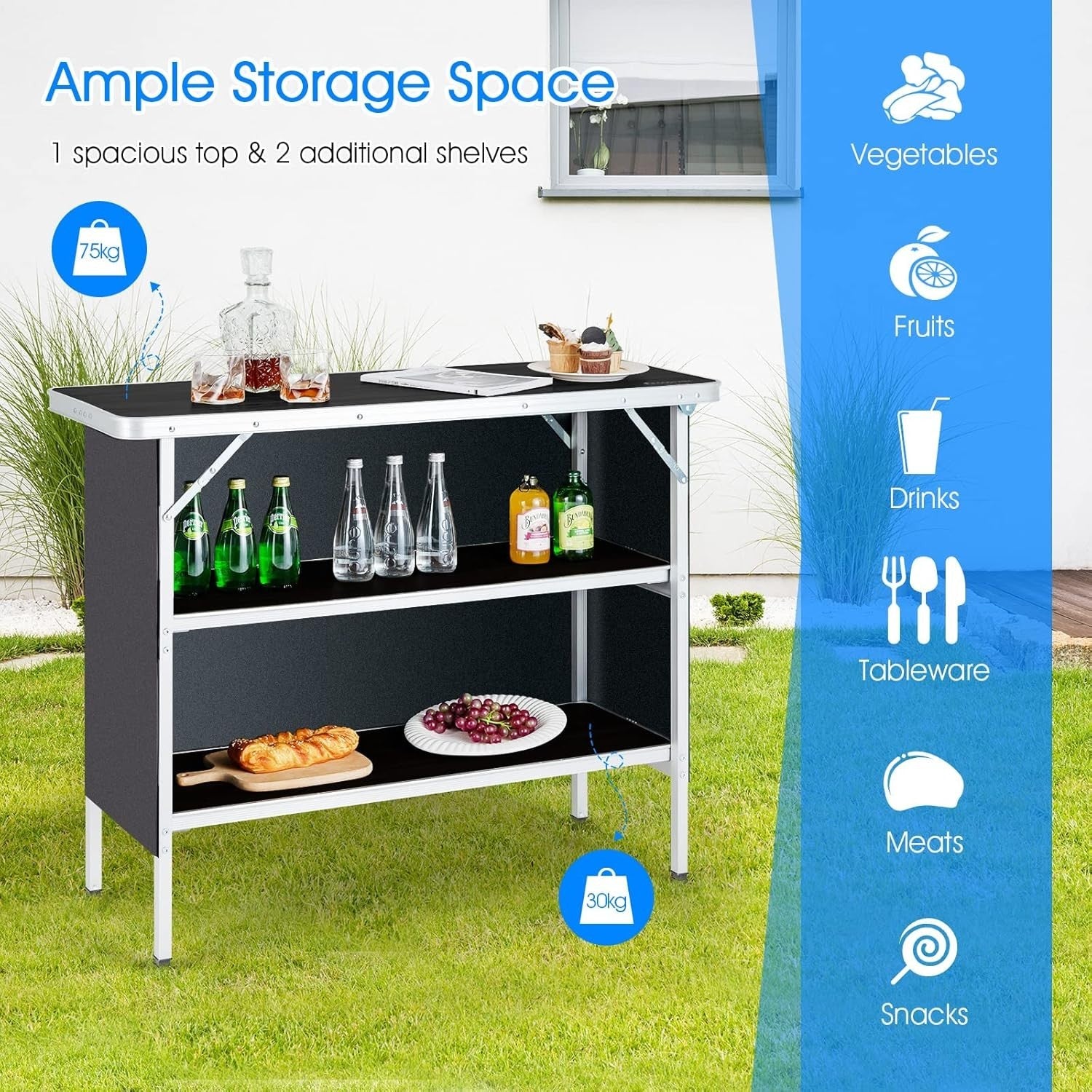 Folding Camping Table 110cm Portable Picnic Table 2-Tier Storage BBQ Outdoor