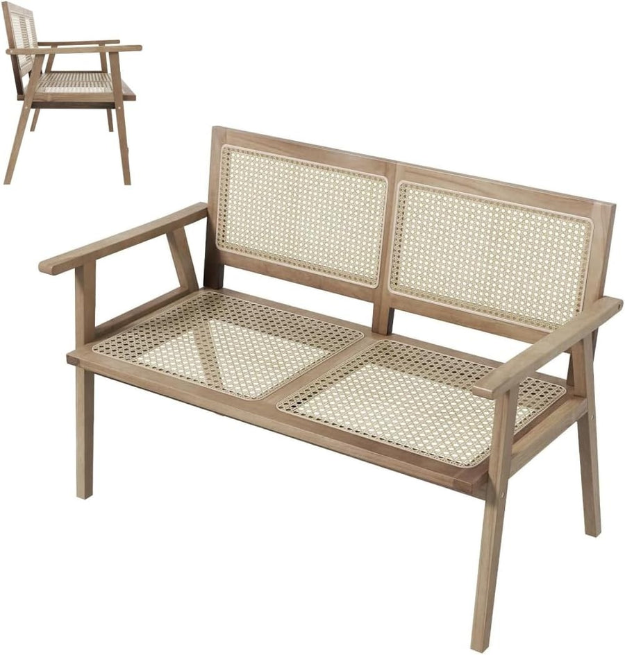 2 Seater Garden Bench with Rattan Seat Natural Wood Patio Love Seat
