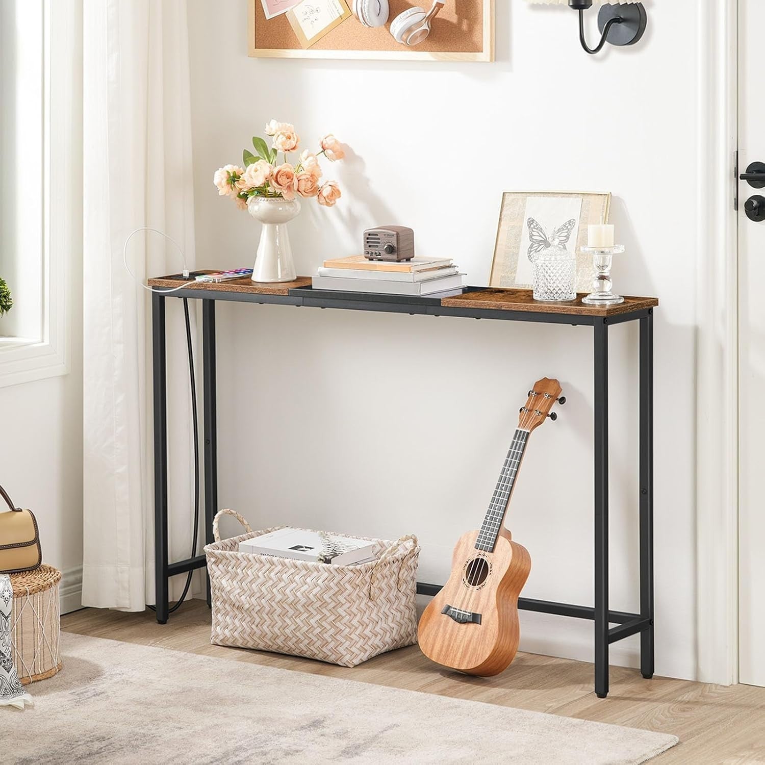 Slim Console Table with Charging Station | Power Outlet | Rustic Brown & Black