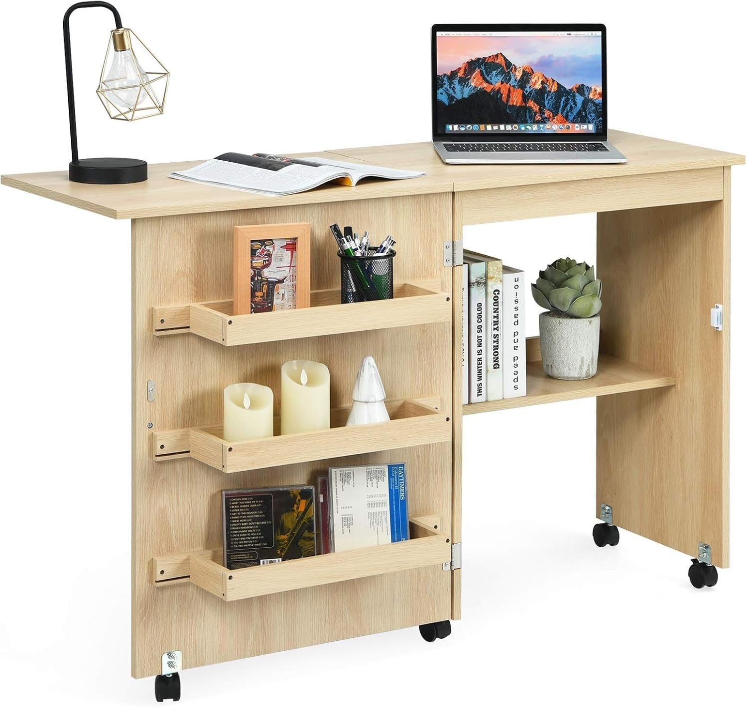 Folding Sewing Table 117cm Mobile Craft Desk with Shelves & Wheels Beige