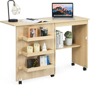 Folding Sewing Table 117cm Mobile Craft Desk with Shelves & Wheels Beige