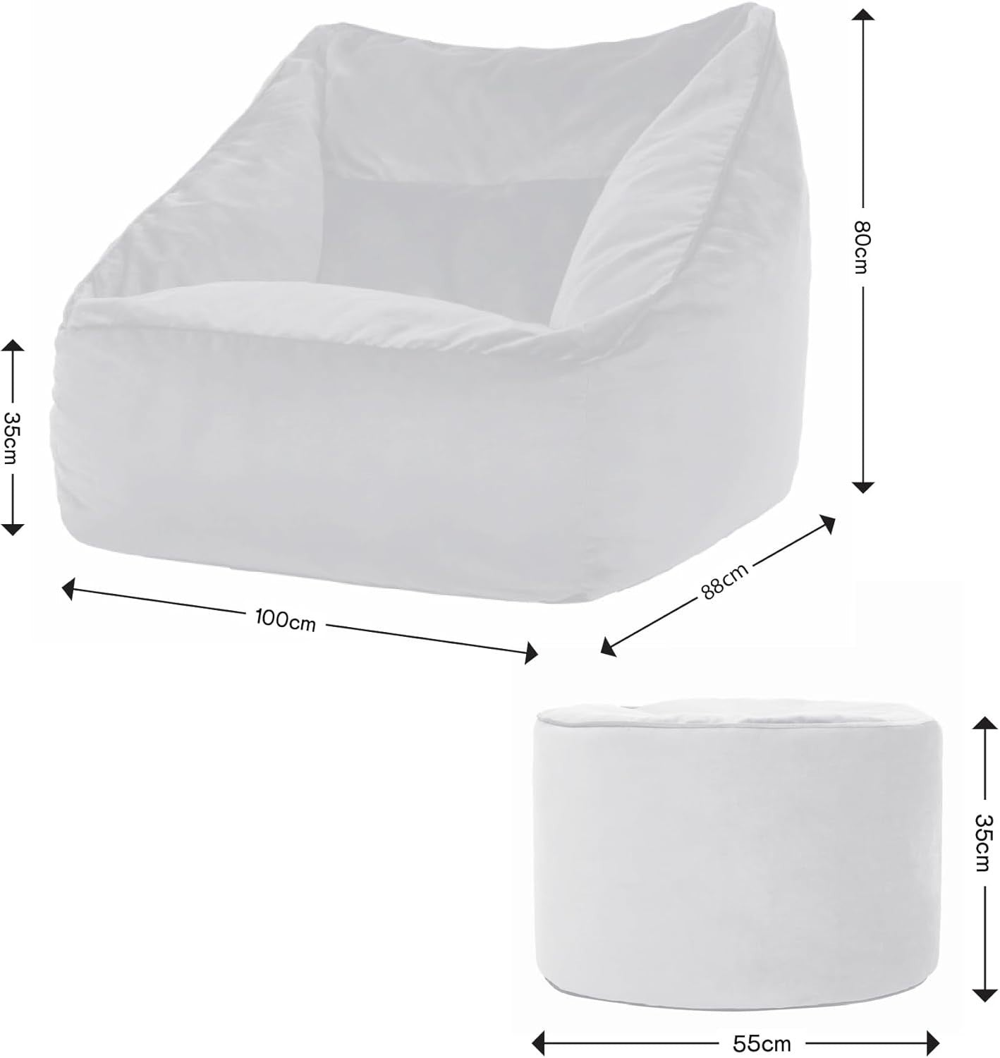 Large Olive Green Velvet Bean Bag Chair with Pouffe, Soft Filling & Support