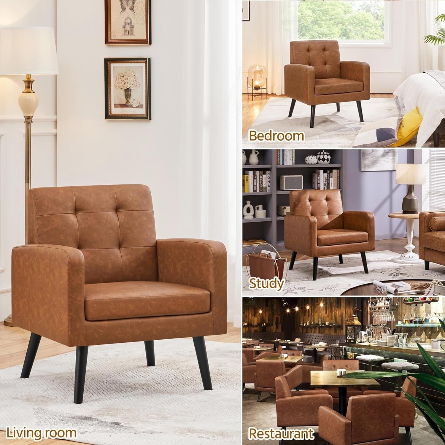 Retro Brown Tufted Accent Chair Mid Century Armchair for Lounge or Bedroom