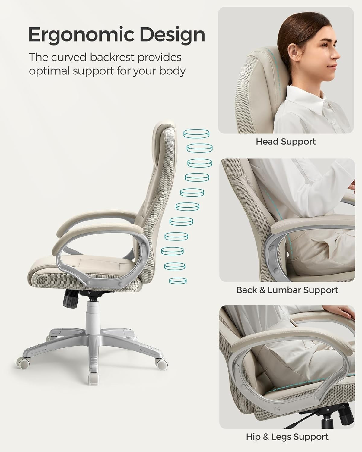 Ergonomic Office Chair Faux Leather Swivel Desk Seat Adjustable Height Cream Whi