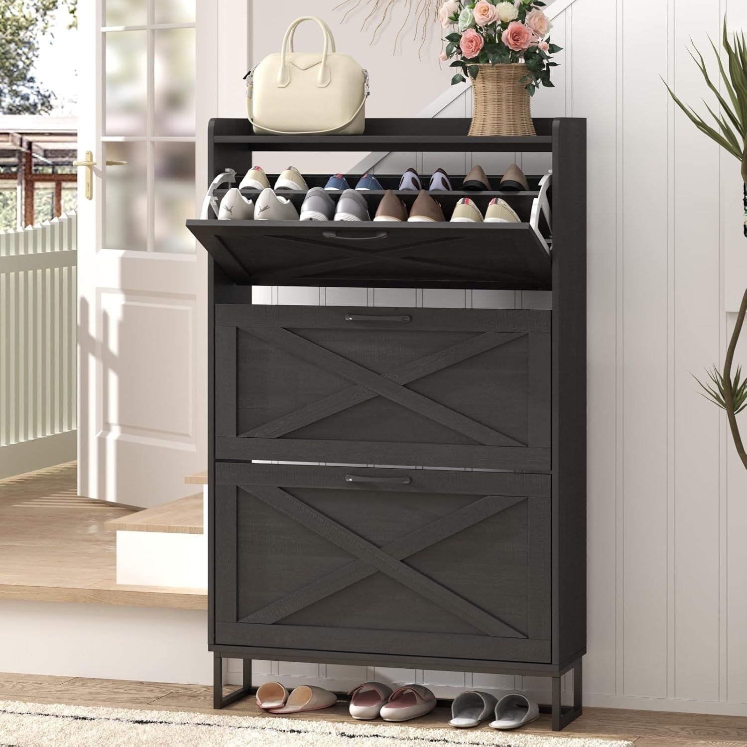 Slim Black Shoe Cabinet 3 Drawer Fold Rack 80cm Wide Entryway Storage