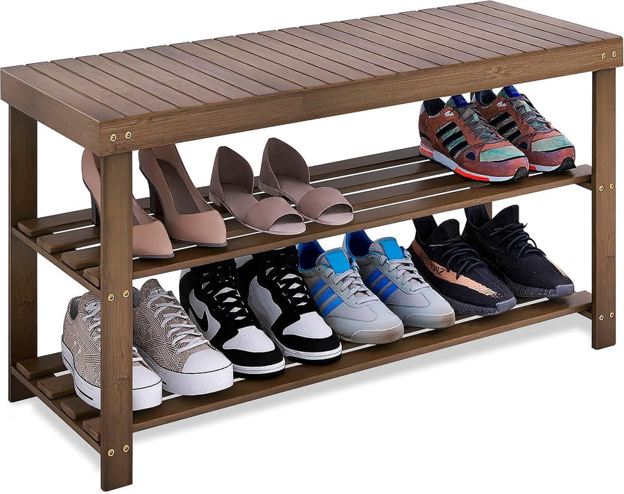3-Tier Walnut Bamboo Shoe Rack Bench with Storage Shelf & Durable Design