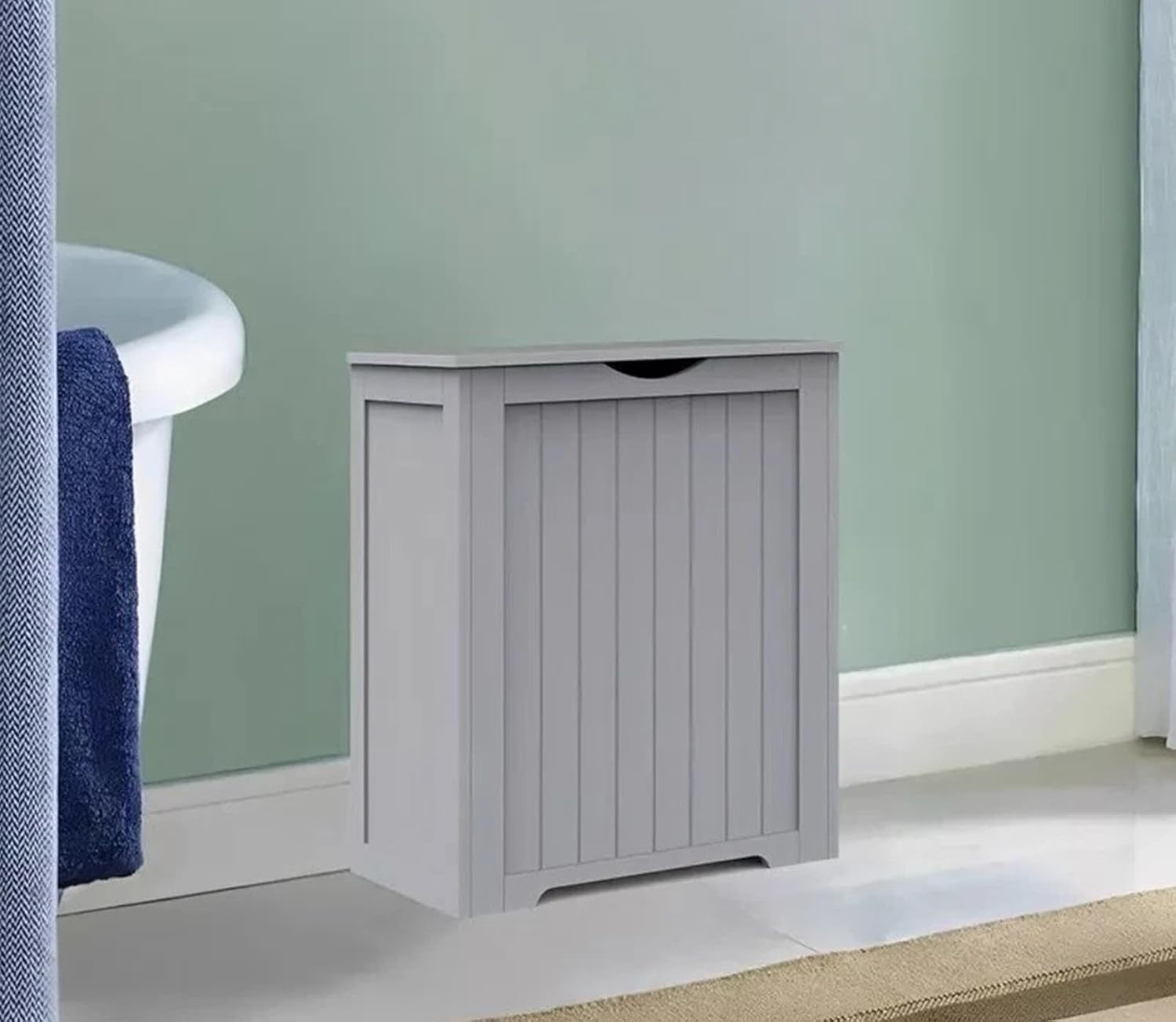 Laundry Hamper Cabinet Wooden Storage Chest with Lid Grey Bathroom Unit