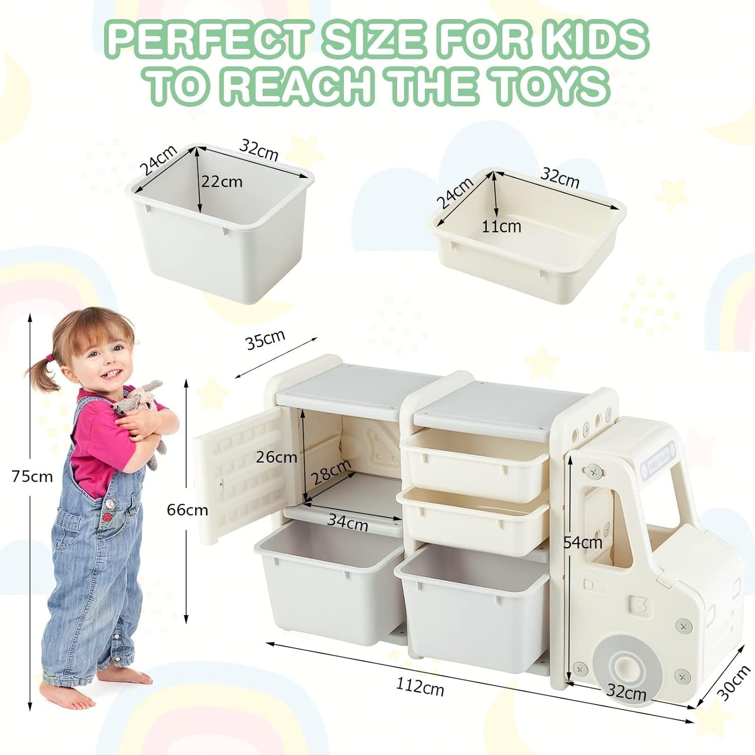 Kids Toy Storage Unit with Bins Drawers Cabinet Car Shape Shelf 112x35x66cm