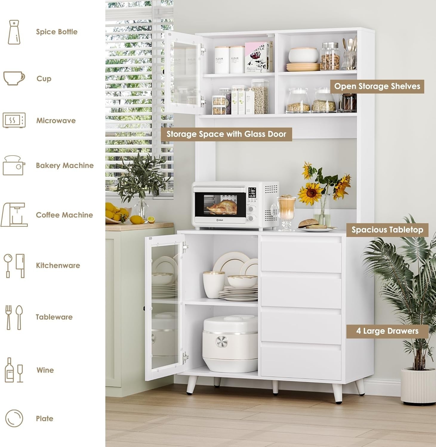 White Tall Kitchen Cupboard 180cm 2 Glass Doors 4 Drawers