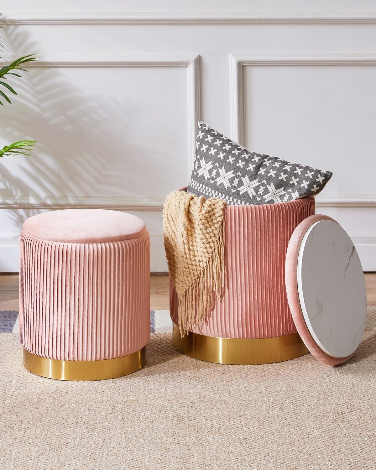 Set of 2 Pink Round Storage Ottomans – Velvet Pouffe Stools & Side Tables