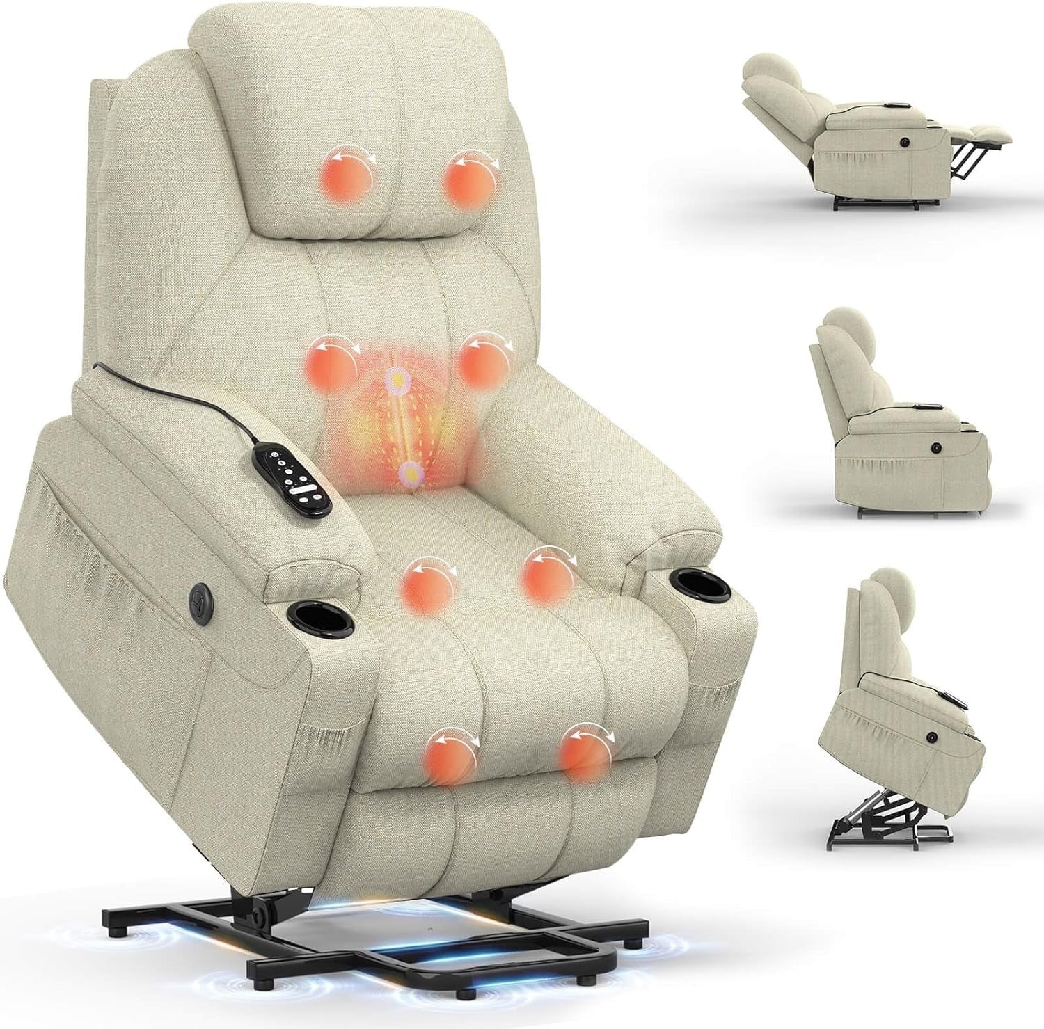Power Lift Recliner Chair Massage Heat USB Type-C Cup Holders Fabric Beige