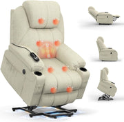 Power Lift Recliner Chair Massage Heat USB Type-C Cup Holders Fabric Beige