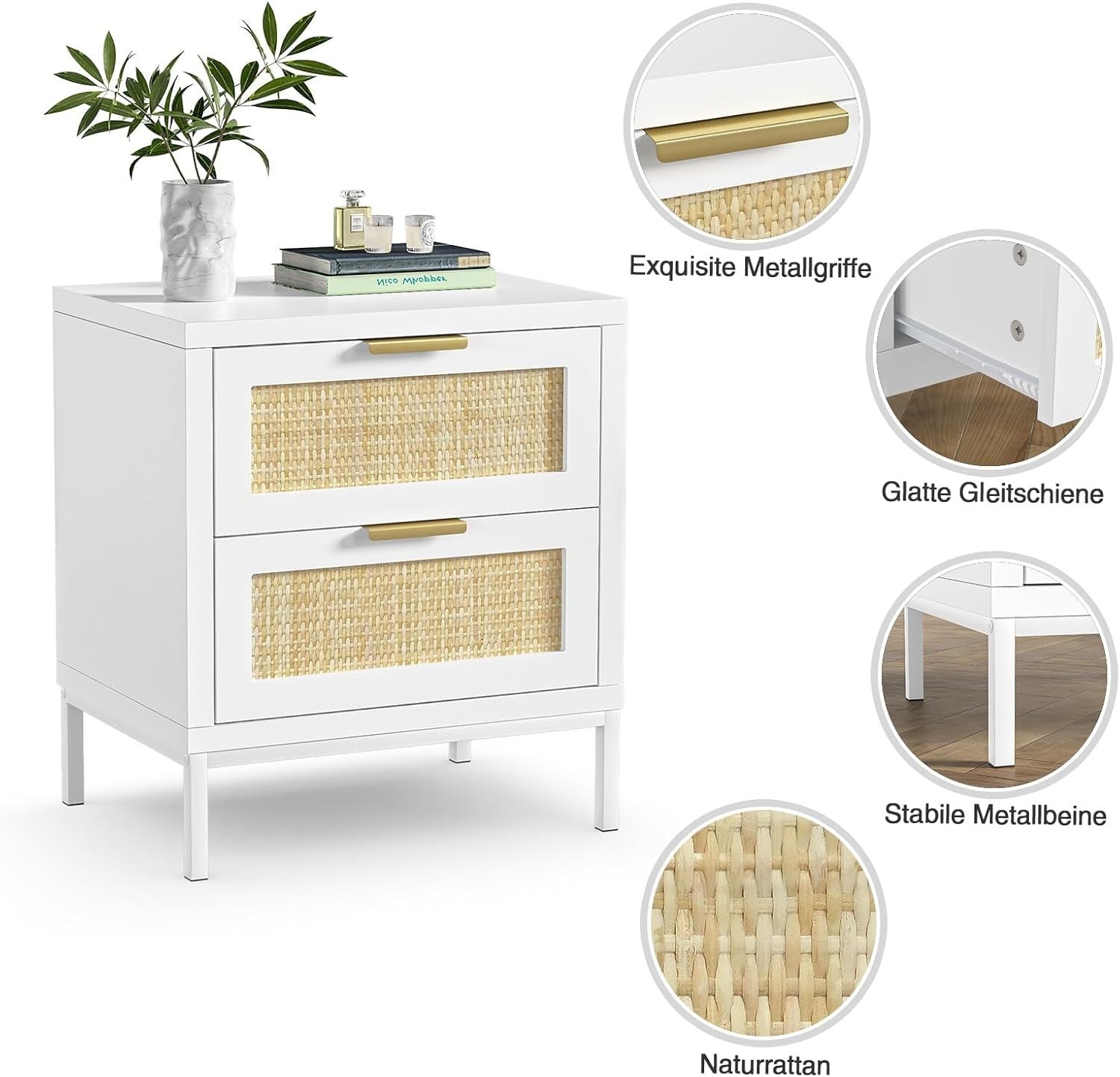 Set of 2 White Rattan Bedside Tables with Drawers – Modern Scandi Style