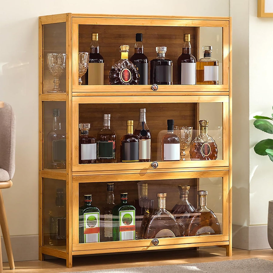 Glass Liquor Display Cabinet Wine Bar Storage Unit Wood Drinks Shelf L70cm 3Tier