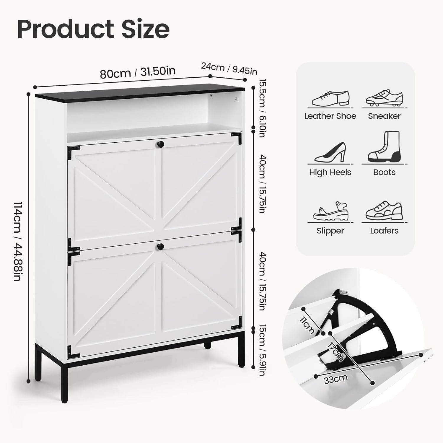 3 Tier Shoe Storage Cabinet with 2 Flip Doors & Open Shelf – 80x24x114cm