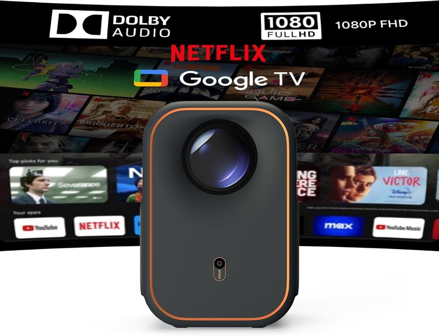 Portable 1080P Smart Projector Google TV Auto Focus WiFi Home Cinema