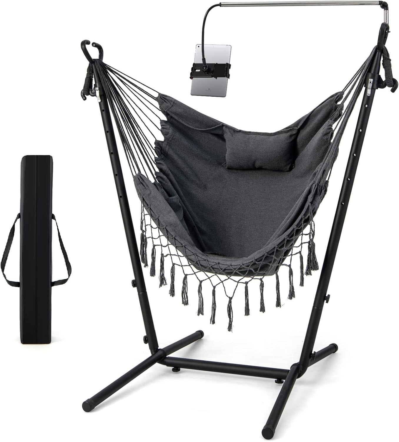 Adjustable Patio Hammock Chair with Stand & Phone Holder Soft Cotton Swing