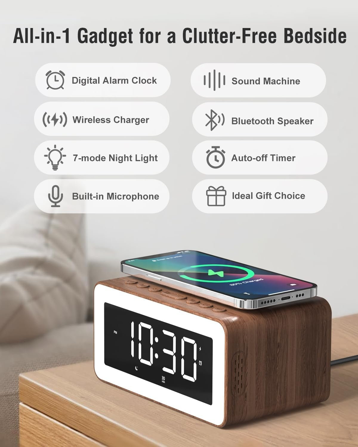 Wireless Charging Alarm Clock Bluetooth Speaker White Noise RGB Night Light