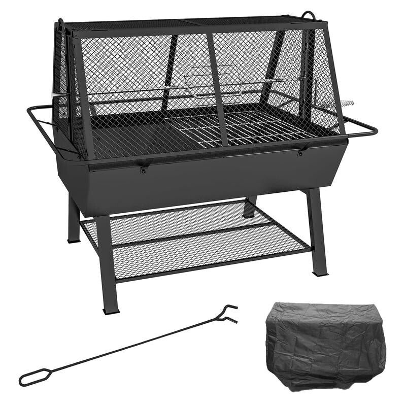 3-in-1 BBQ Grill Fire Pit with Rotisserie, Mesh Lid, Poker & Cover Outdoor