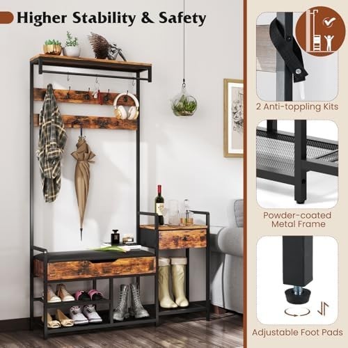 Freestanding Hall Tree Coat Rack with Shoe Storage Bench & Side Table