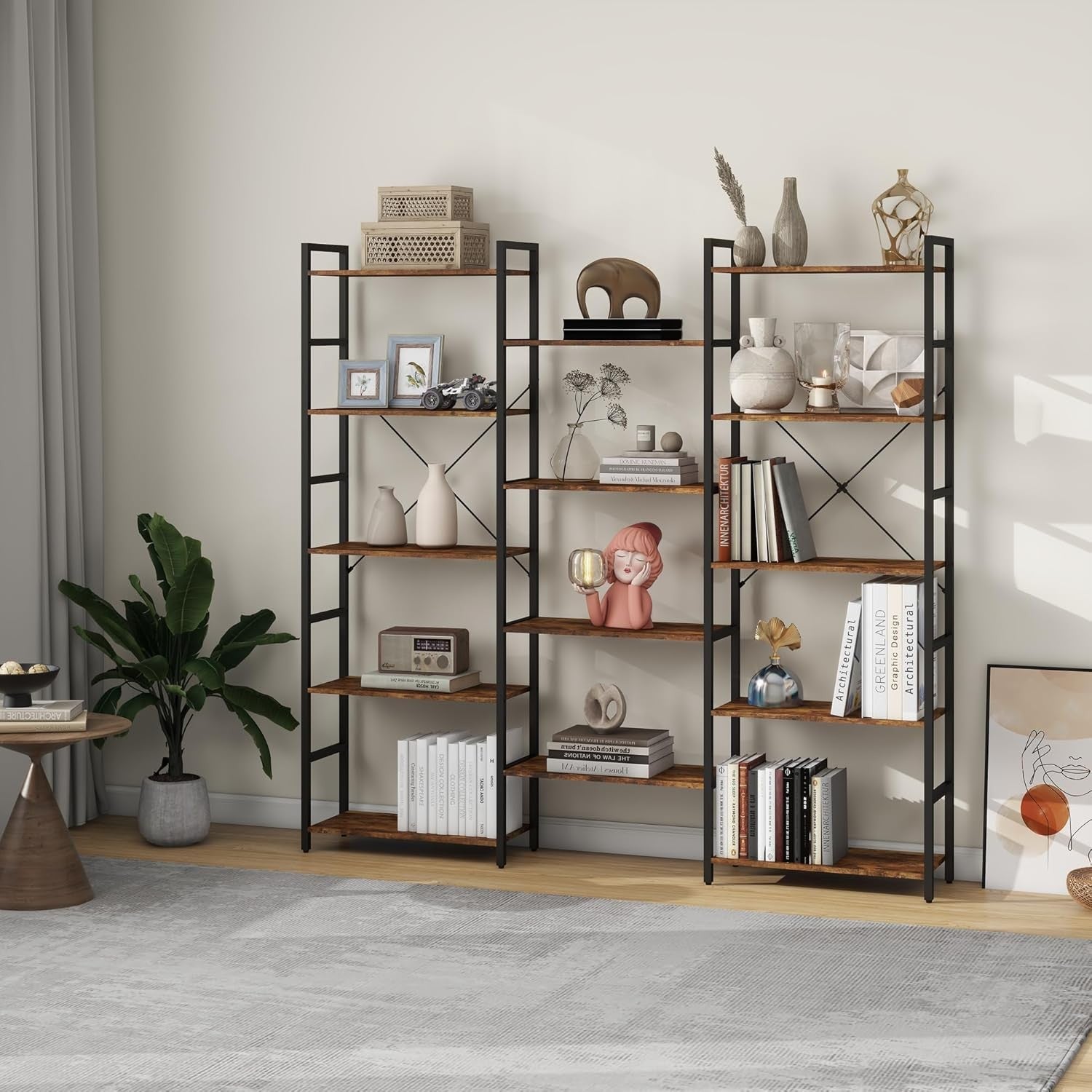 Industrial 5 Tier Bookcase Metal Frame Wooden Shelving Unit Display Storage