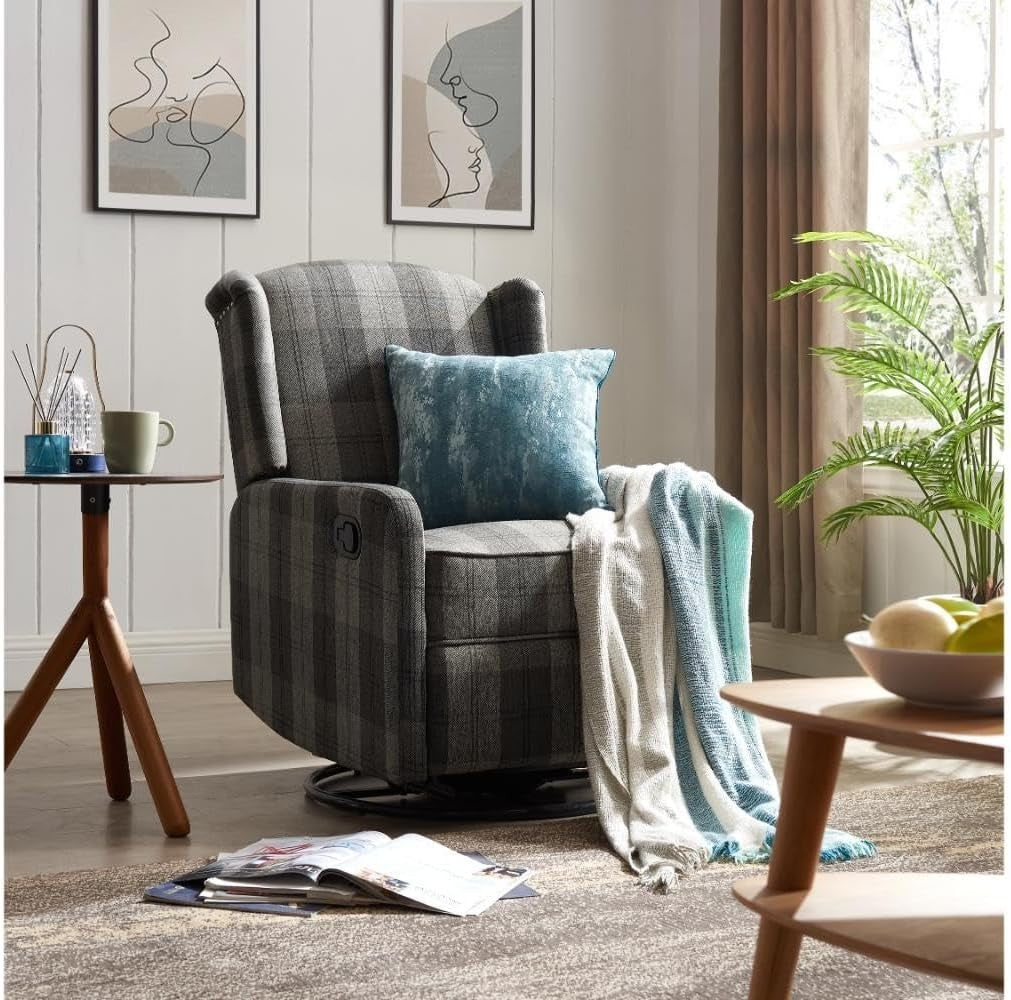 Grey Tartan Swivel Recliner Armchair Fabric Wing Back Chair Lounge Relax Seat