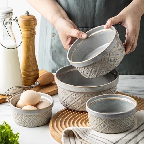 Ceramic Mixing Bowls with Airtight Lids Nesting Salad Storage Set