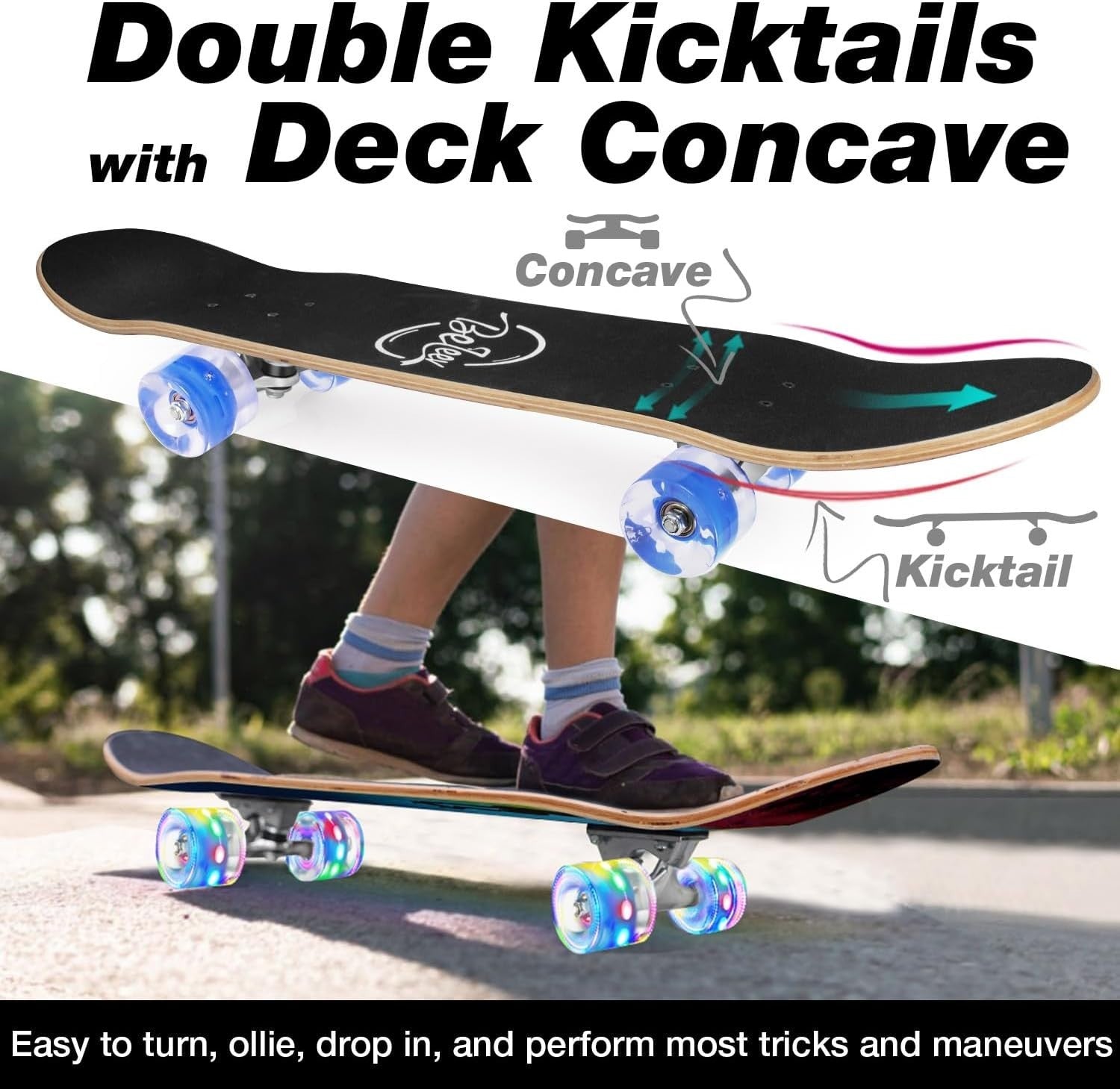 31x8 Pro Maple Skateboard Blue Double Kick Street Cruiser for Kids Adults