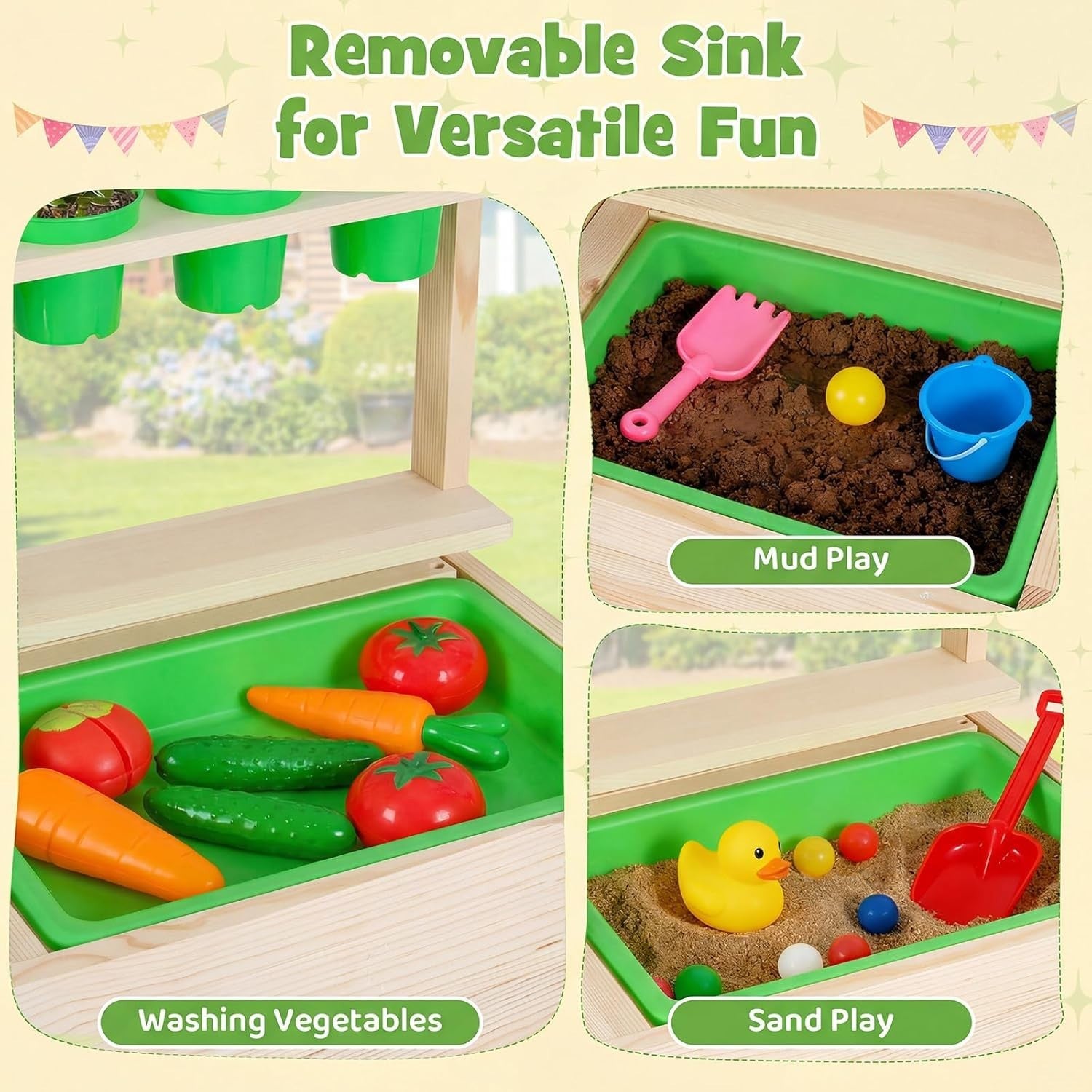 Outdoor Wooden Mud Kitchen Kids Playset Chalkboard Sink Flowerpots
