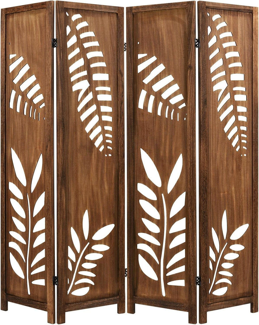 4 Panel Brown Carved Wood Room Divider Leaf Design Privacy Screen 170cm High