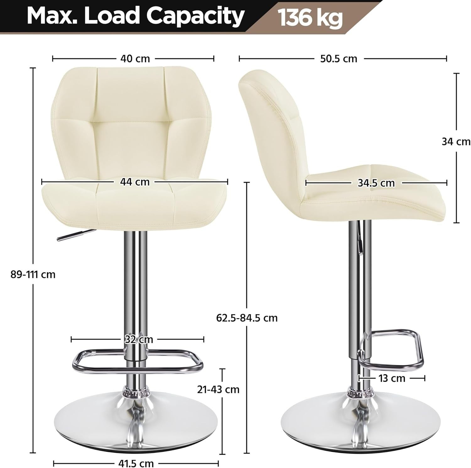 Adjustable Swivel Bar Stools Set of 2 Beige PU Counter Chairs