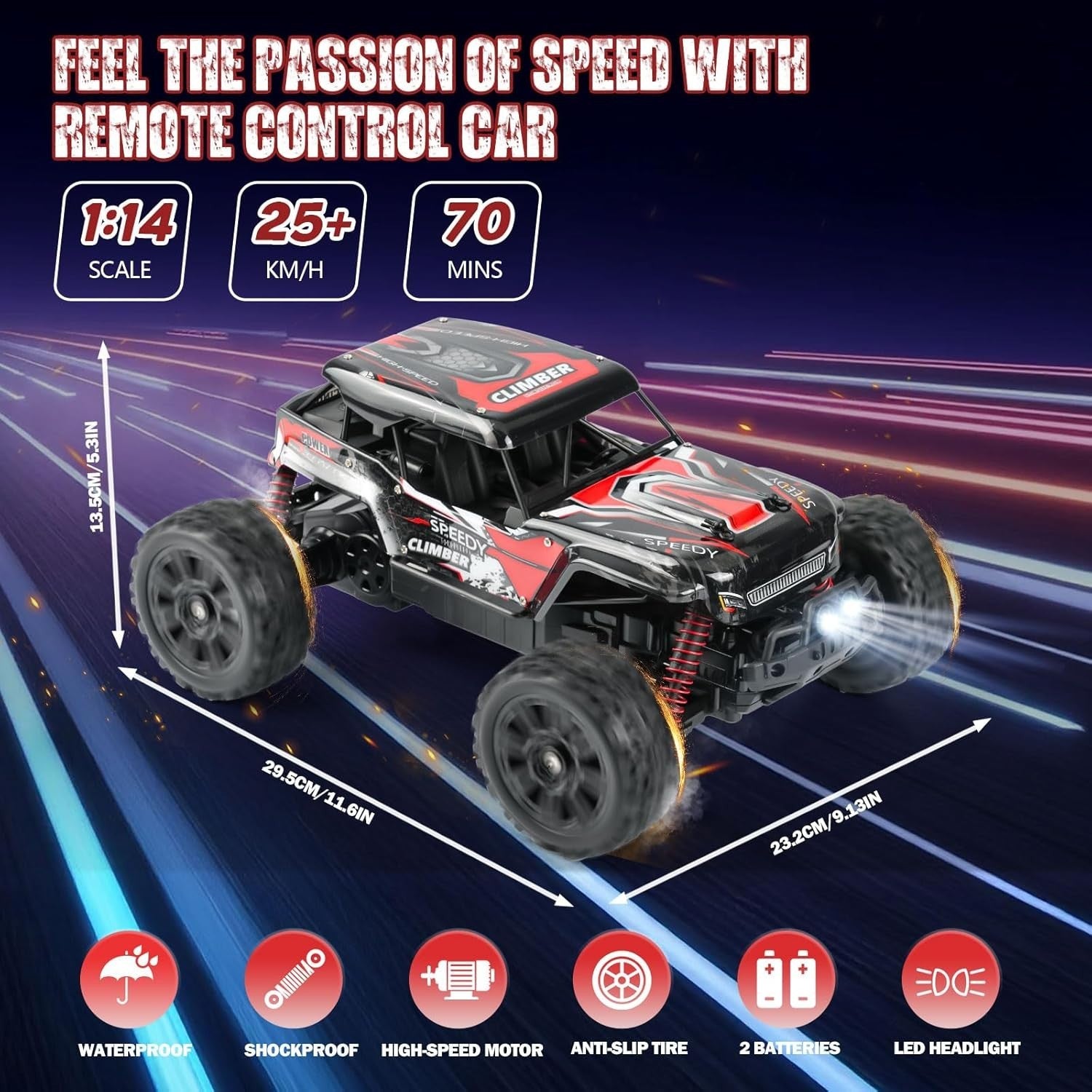 1:14 DIY RC Truck 25KM/H 2WD Off-Road Car with Lights & 2 Rechargeable Batteries