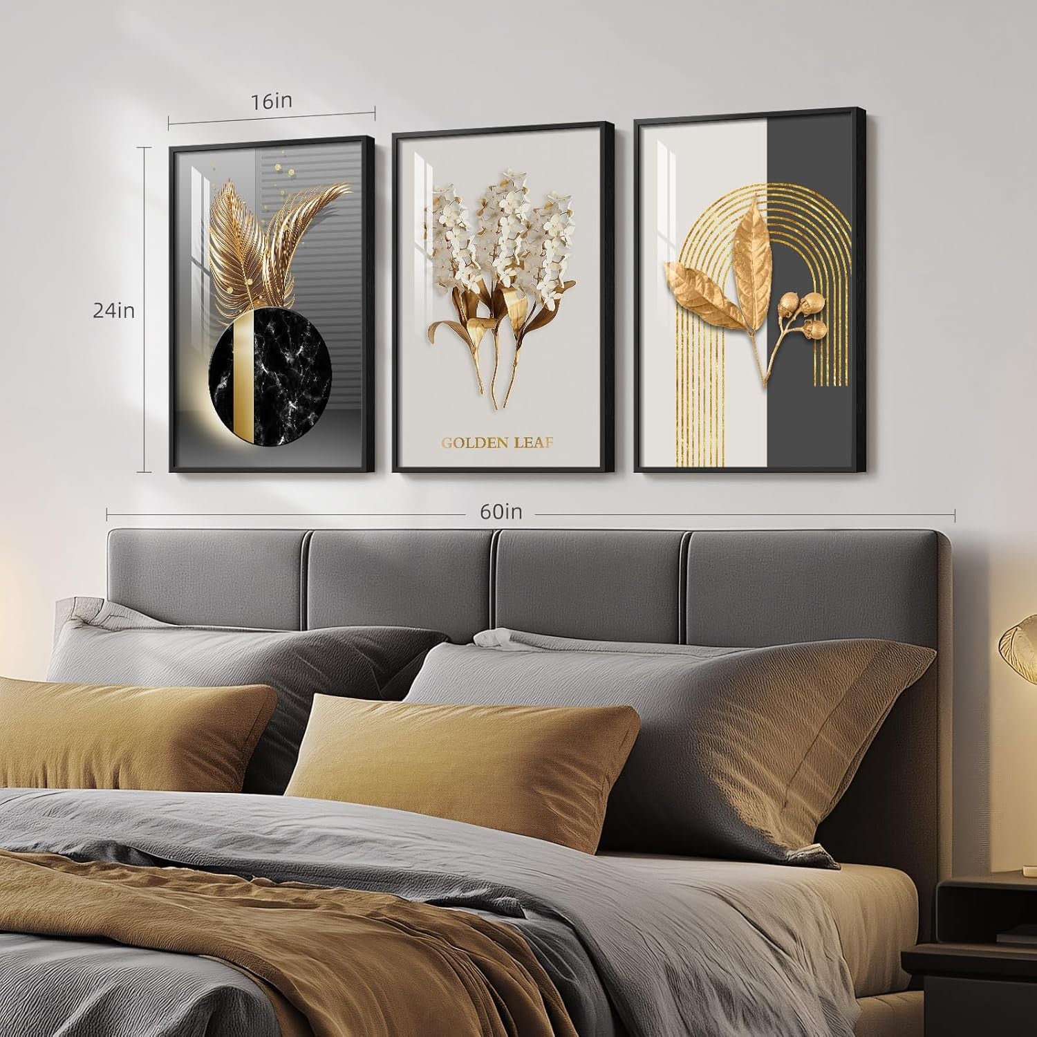 Large Black Gold Wall Art Set of 3 Framed 16x24 Modern
