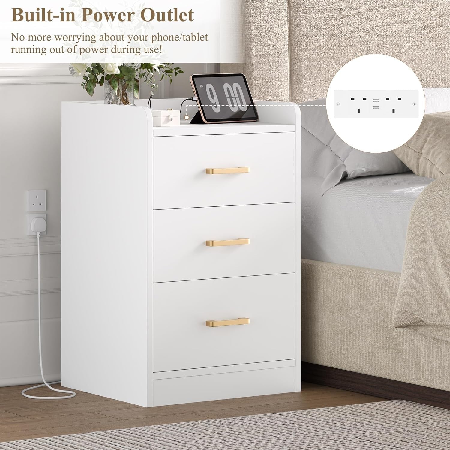 Set of 2 White Bedside Tables with Charging Station | 3 Drawer Nightstands