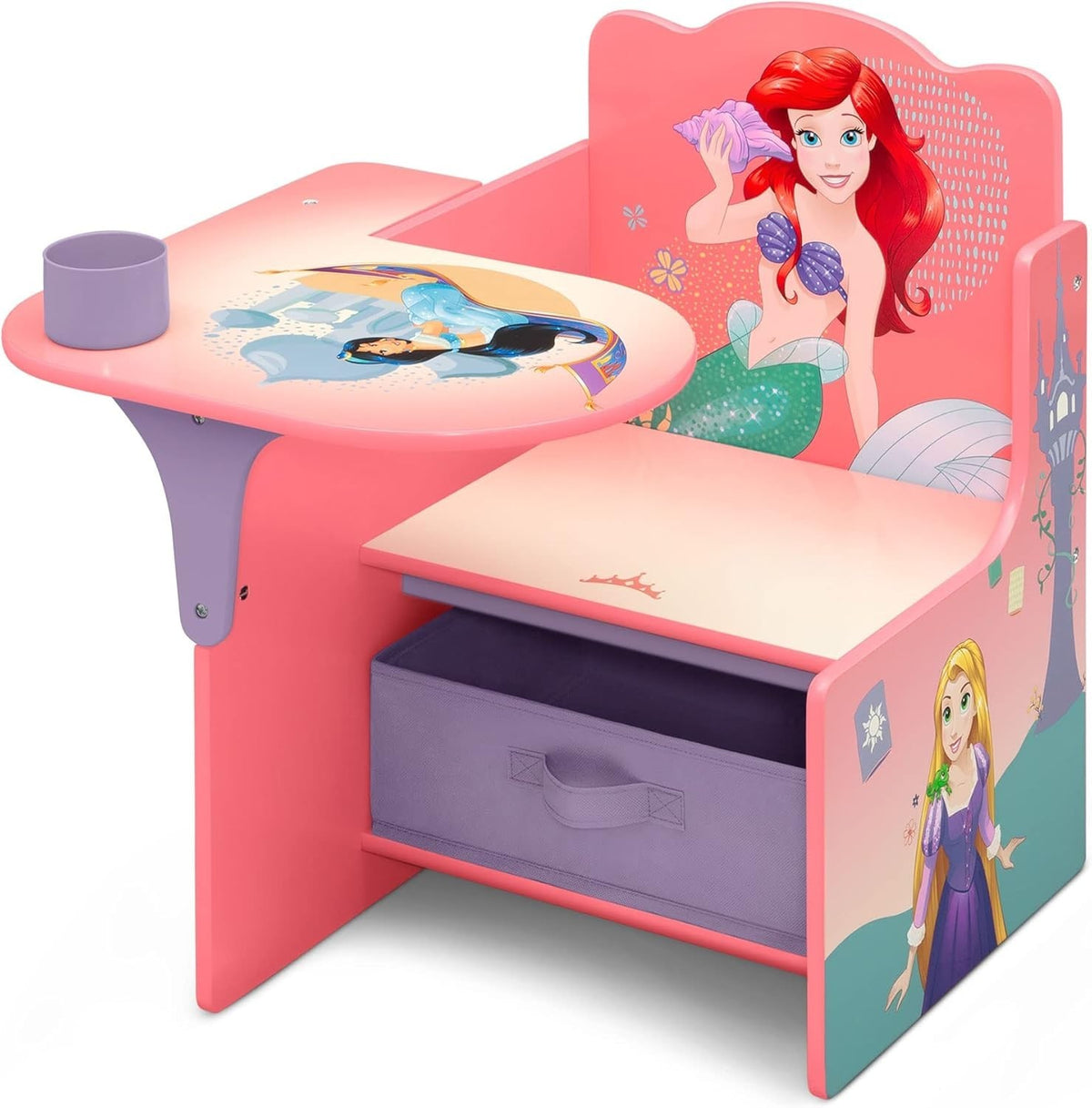 Kids Pink Princess Office Chair with Storage Bin, Comfortable & Space-Saving