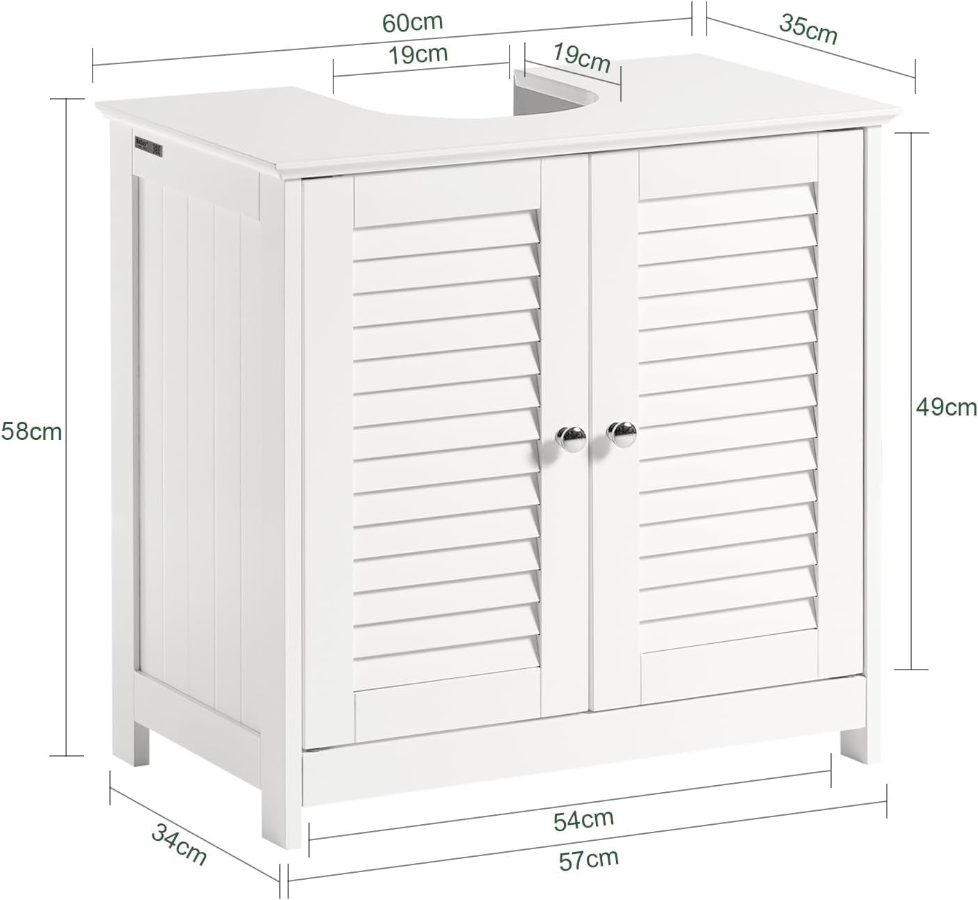 White Under Sink Bathroom Cabinet with Shutter Doors & Adjustable Shelf Unit